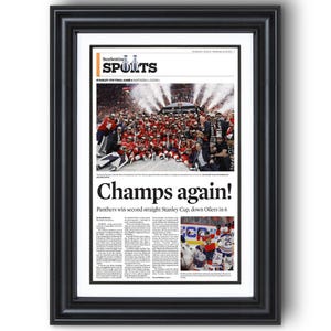 2025 Florida Panthers Stanley Cup Winners &quot;Champs Again!&quot; Framed Sports Edition Newspaper Print