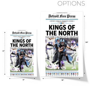 Pu&ograve; includere: Un'edizione commemorativa del giornale Detroit Free Press con il titolo "Kings of the North". Il giornale presenta una foto di un giocatore di football americano in azione durante una partita. Il giornale misura 28 cm di larghezza e 61 cm di altezza.