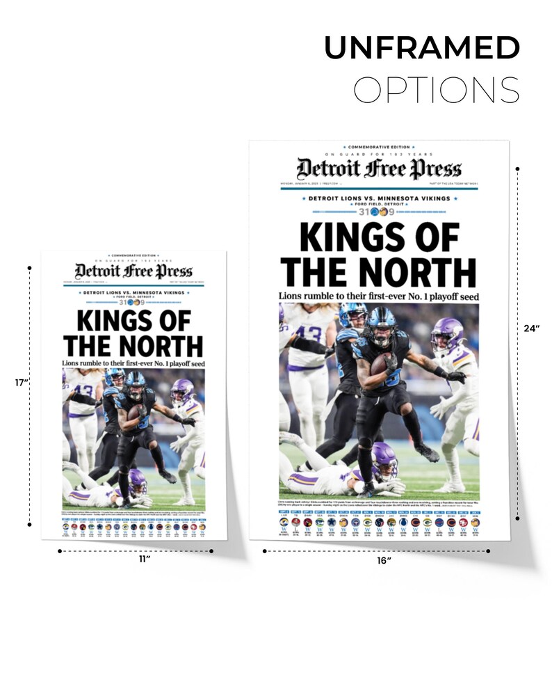 Pu&ograve; includere: Un'edizione commemorativa del giornale Detroit Free Press con il titolo "Kings of the North". Il giornale presenta una foto di un giocatore di football americano in azione durante una partita. Il giornale misura 28 cm di larghezza e 61 cm di altezza.