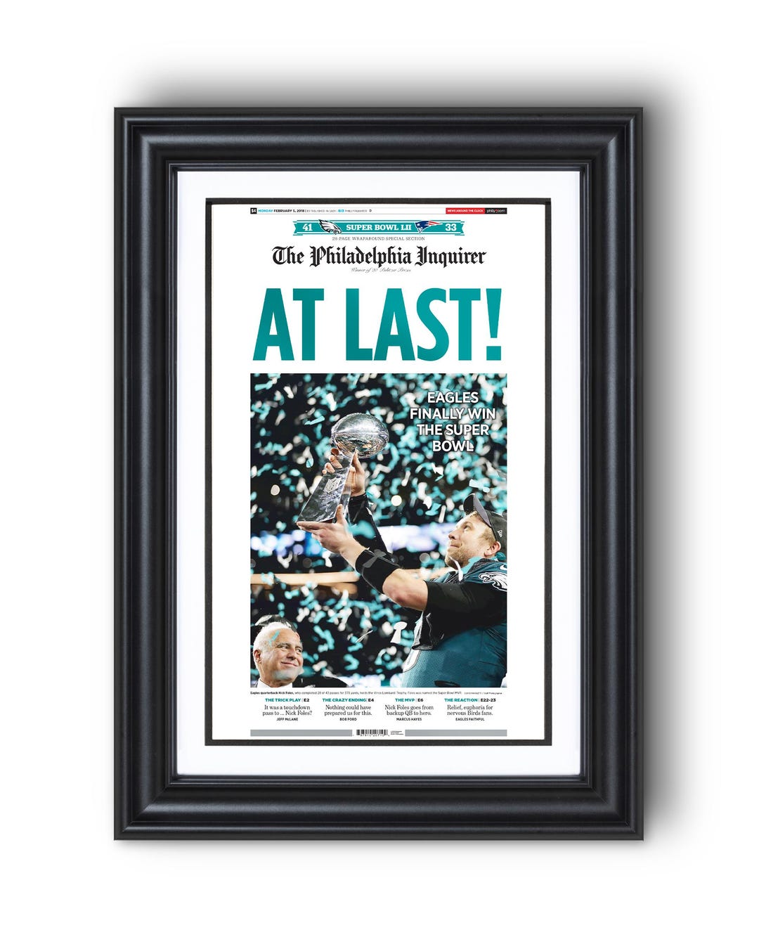 2018 Philadelphia Eagles Super Bowl LII "at Last!" Framed Newspaper ...