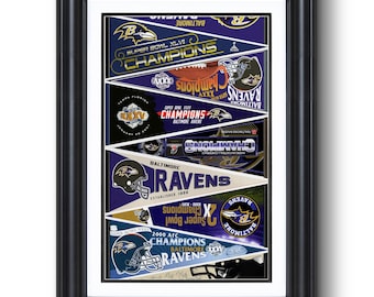 May include: Framed print featuring Baltimore Ravens championship banners. The banners are in purple, black, and gold, with text that reads "Champions" and "Ravens." The frame is black.