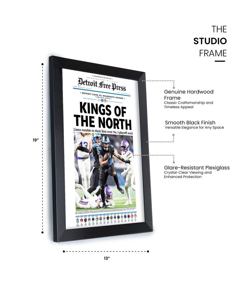 Pu&ograve; includere: Una stampa incorniciata in nero di un titolo del giornale Detroit Free Press che recita "Kings of the North". Il titolo riguarda la squadra di football americano dei Detroit Lions. La stampa misura 48 cm di altezza e 33 cm di larghezza.