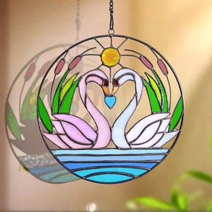 Stained Glass Swan Suncatcher - Handmade Mother&#39;s Day Gift, Wedding Anniversary Decor, Love Birds Window Hanging, Romantic Sun Catcher