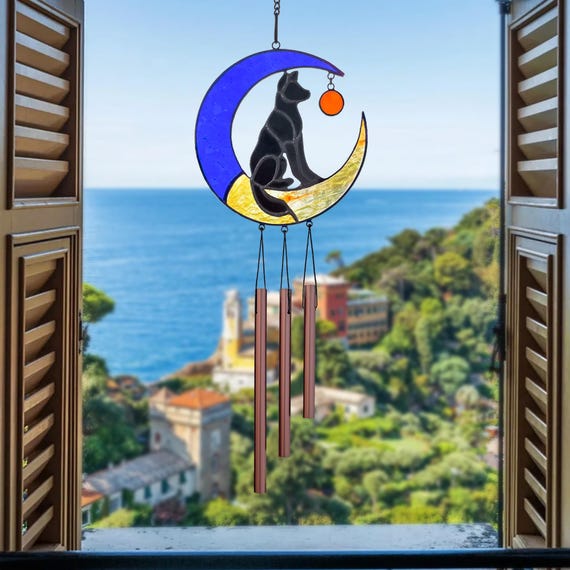 Campanello Vento Gatto Sulla Luna - 50 Cm - Con Perle Di Vetro - Resina E Metallo - Per Esterni