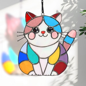 100% handgemachter Glasmalerei-Katzen-Suncatcher, niedlicher fetter Katzenfensterbehang, buntes Glasdekor, Geschenk für Mama, Muttertagsgeschenk, Wandkunst