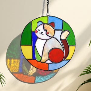 Stained Glass Cat Suncatcher | Cute Handmade Window Decor for Cat Lovers | Colorful Hanging Gift for Her | Mother's Day or Birthday Gift