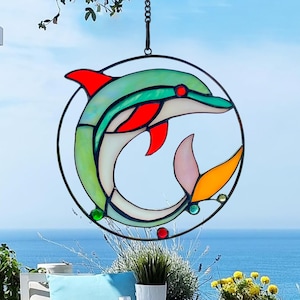 Stained Glass Dolphin Suncatcher – Ocean Theme Window Hanging, Sea Animal Decor, Beach House Gift, Handmade Sun Catcher Art
