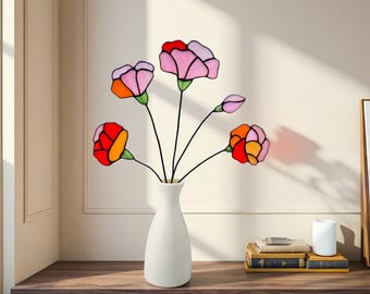 Handmade Stained Glass Carnation Bouquet, Mother&#39;s Day Gift, Floral Sun Catcher, Vase Decor, Pink Red Orange Glass Flowers for Window