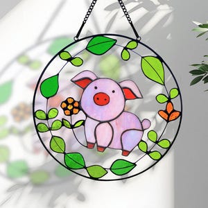 Cute Piglet Stained Glass Suncatcher Gift, Handmade Pink Pig Window Hanging for Farmhouse Decor, Nursery, Kitchen or Mother&#39;s Day Gift