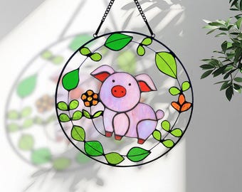 Cute Piglet Stained Glass Suncatcher Gift, Handmade Pink Pig Window Hanging for Farmhouse Decor, Nursery, Kitchen or Mother&#39;s Day Gift