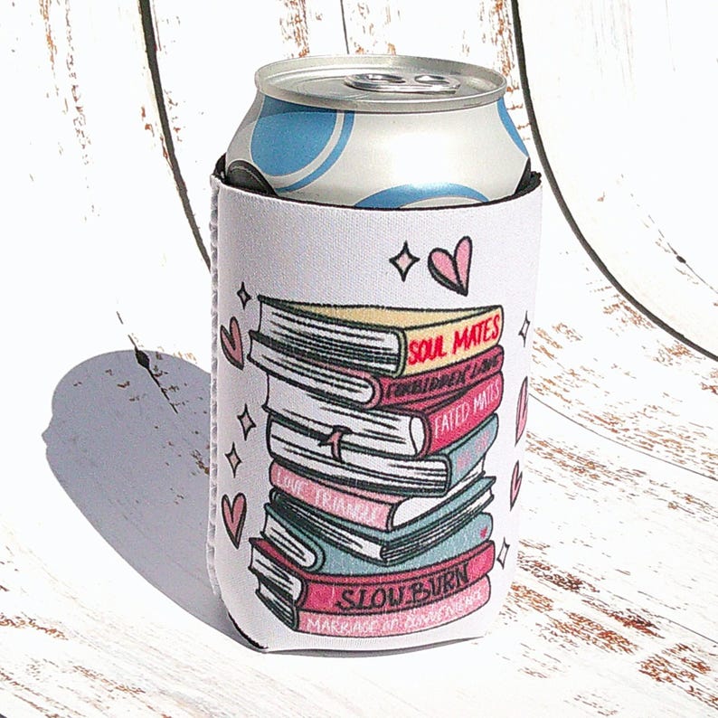 May include: White can cooler with a stack of books printed on it. The books have titles like "Soul Mates", "Forbidden Love", "Fated Mates", "Love Triangle", and "Slow Burn".