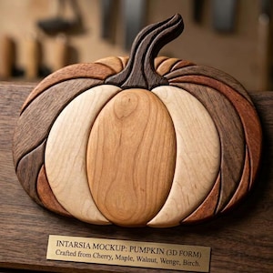 May include: A wooden intarsia pumpkin sculpture featuring segments of cherry, maple, walnut, wenge, and birch wood. The pumpkin is mounted on a rectangular walnut base with a brass plaque reading: INTARSIA MOCKUP: PUMPKIN (3D FORM) Crafted from Cherry, Maple, Walnut, Wenge, Birch.