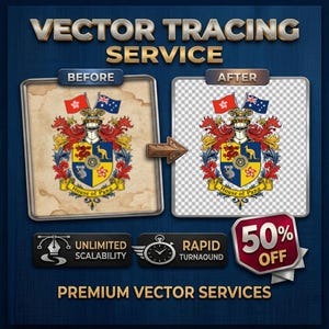 Peut inclure: Un graphique numérique présentant un service de vectorisation avec une comparaison avant et après d'un blason House of Pang. L'image montre un écusson héraldique avec des drapeaux, un casque et un badge de réduction de 50 % sur un fond bleu texturé.