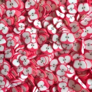 Può includere: Primo piano di numerose fette di mela rosse con interni bianchi e semi neri. Le fette di mela sono sparse, creando un motivo strutturato e colorato. Questi pezzi decorativi potrebbero essere usati per l'artigianato o gli abbellimenti.