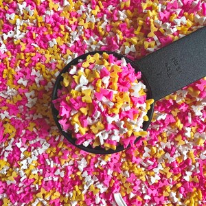 Peut inclure: Gros plan sur une cuillère noire remplie de vermicelles en forme de nœuds papillon roses, jaunes et blancs. Les vermicelles sont dispersés sur une surface. L'image met en valeur la texture et les couleurs vives des vermicelles.