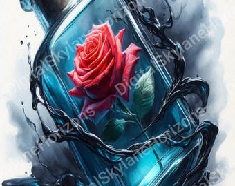 Rosa eterna in bottiglia verde acqua: stampa artistica digitale