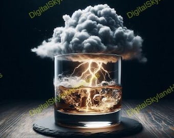 Whiskey Tempest – Tempesta elettrizzata in un bicchiere, arte digitale, arredamento per la casa, design unico