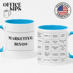 Zabawny marketingowy żargon bingo Wydajność kubek do kawy, CTR A/B Test ROAS Persona Atrybut Słowo kluczowe kubek, Marketingowy upominek, Zabawny kubek biurowy,