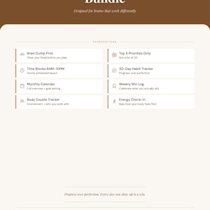 Pode incluir: Pacote de Planejador de Tarefas ADHD com design marrom e branco. Inclui brainstorming, blocos de tempo, calendário mensal e rastreador de hábitos. Projetado para cérebros que funcionam de forma diferente.