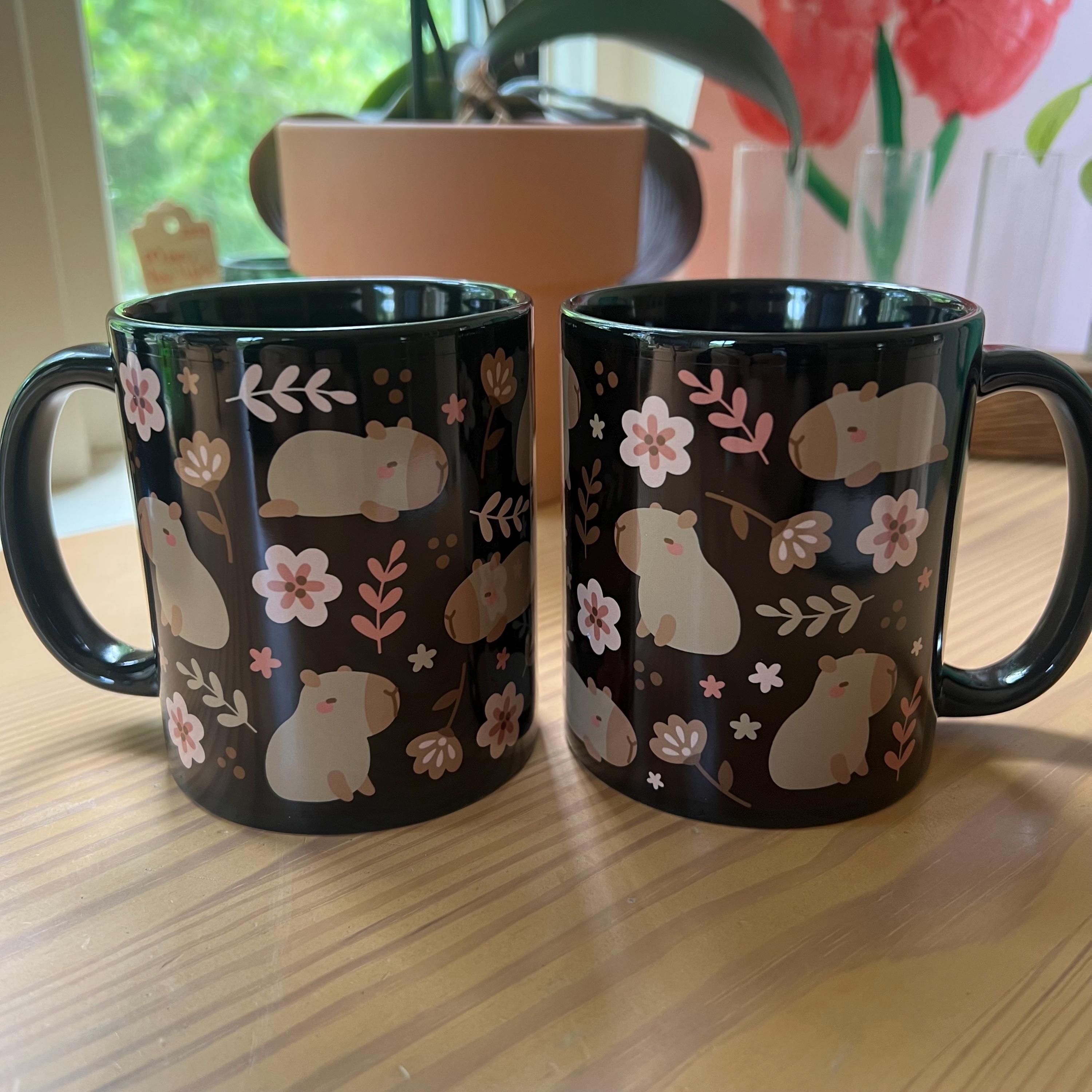 Cute capybara SET OF 2 black mug 11oz ceramic coffee mug floral cute mug coffee tea capybaras