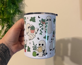 Travel mug 12oz stainless steel double wall spooky spring w/ leak proof lid plant lover ghost coffee drinks hot chocolate spooky plant mug