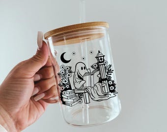 Ghost Book Lover Glass Mug: Spooky Coffee Cup with Bamboo Lid & Straw