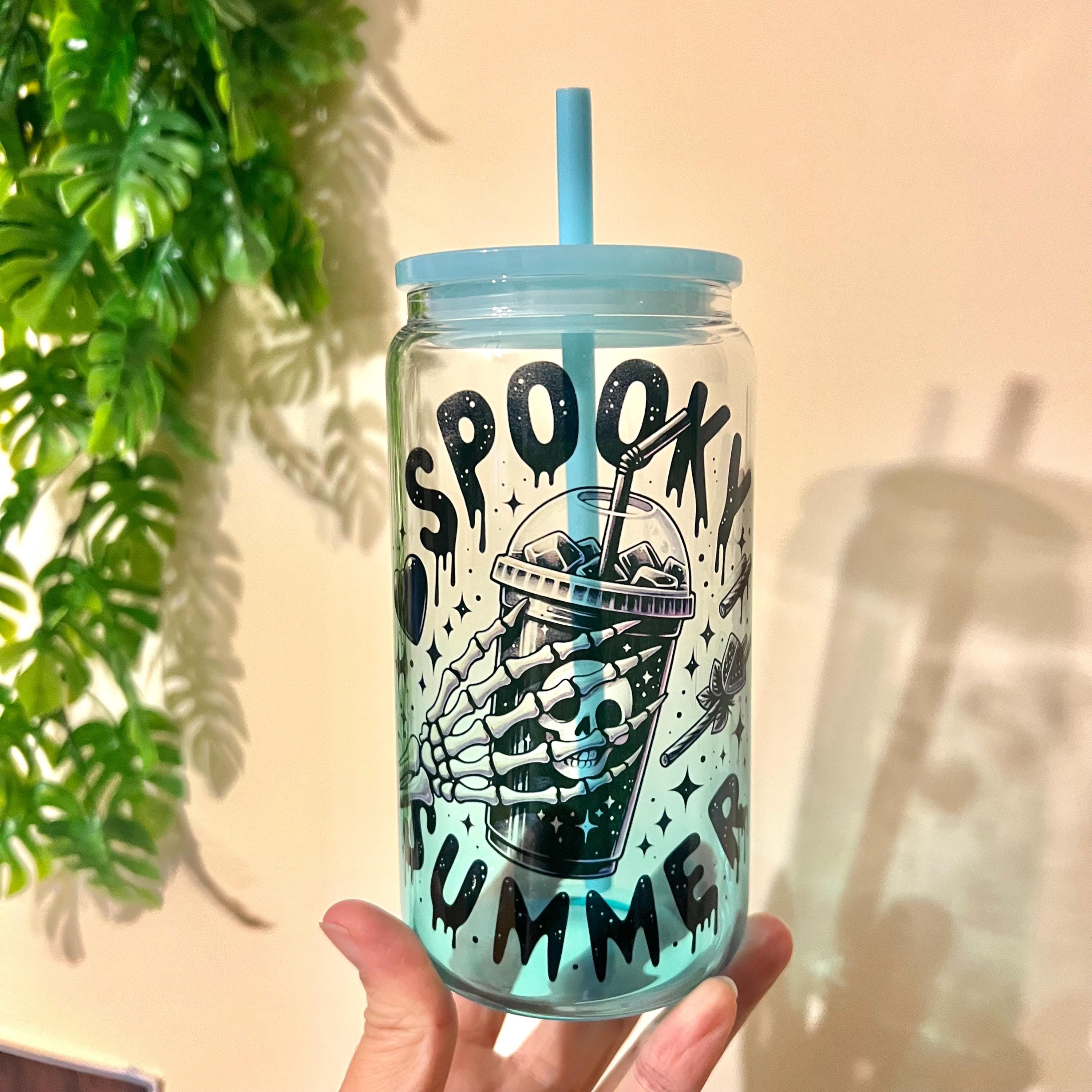 Spooky summer glass cup 16oz with matching acrylic lid and straw skeleton iced coffee cup summerween Halloween beer hot chocolate glass cup