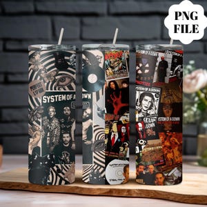 May include: Three stainless steel tumblers with straws, decorated with collages of black and white images, band members, and album art. The text "SYSTEM OF A DOWN" and other graphics are visible. The tumblers are on a wooden surface.