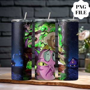 May include: Three stainless steel tumblers with cartoon graphics of Courage the Cowardly Dog characters. Each tumbler has a different scene, including a night sky, green background, and the characters themselves. Each tumbler has a silver straw.