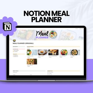Könnte beinhalten: Ein Laptop-Bildschirm zeigt eine Notion-Vorlage für einen Essensplaner. Die Vorlage enthält Abschnitte für die Essensplanung, Lieblingsrezepte, wöchentliche Mahlzeiten und eine Einkaufsliste. Die Kopfzeile der Vorlage zeigt den Text "Meal Planner" mit einer Cartoon-Illustration einer Schüssel mit Essen.