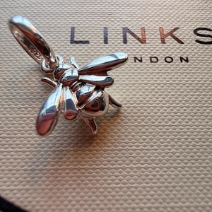 May include: A polished silver bee charm, featuring detailed wings, legs, and body segments. The charm is designed to be suspended, possibly as a pendant or bracelet charm. The background shows the words "LINKS LONDON".