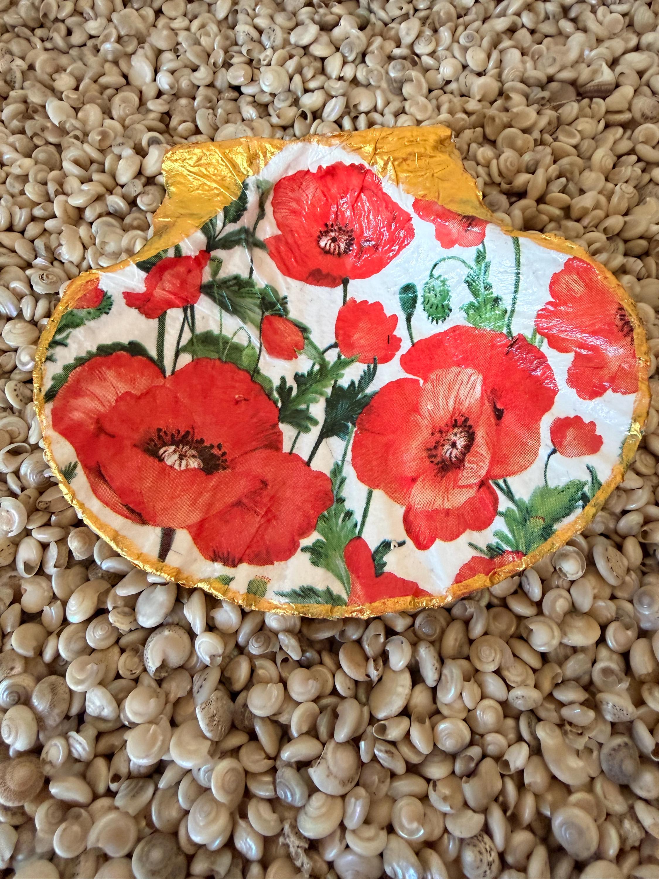 Poppy Shell Handmade Decoupage Poppy Shell Trinket Dish With Liquid Gold Edge, - Etsy