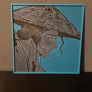 May include: Framed artwork depicting a profile of a person wearing a conical hat. The image is in shades of grey and black, set against a turquoise background, with a matching turquoise frame. The artwork has a textured finish.