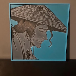 May include: Framed artwork depicting a profile of a person wearing a conical hat. The image uses shades of grey and black, set against a light blue background. The frame is a matching light blue colour.