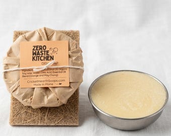 Zero Waste Kitchen Dish Soap Set | Long Lasting Solid Soap in Stainless Steel Bowl + Scrubber