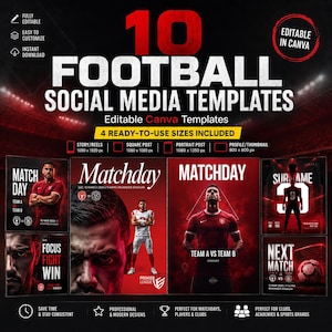 Puede incluir: Una colección digital de 10 plantillas para redes sociales de fútbol con esquemas de color rojo y negro. Los gráficos incluyen texto como 10 FOOTBALL SOCIAL MEDIA TEMPLATES, MATCHDAY, FOCUS FIGHT WIN, SURNAME y NEXT MATCH con imágenes de fútbol.