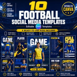 Puede incluir: Una colección digital de 10 plantillas de redes sociales de fútbol con un fondo de estadio azul oscuro. Los gráficos incluyen texto para días de partido, perfiles de jugadores, alineaciones y resultados, todos editables en Canva.