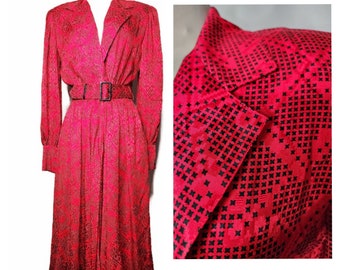 1980s Adele Simpson Red and Black Printed Silk Vintage Dress