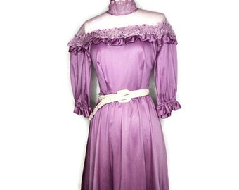 1970s Mauve Mesh Yoke Vintage Dress