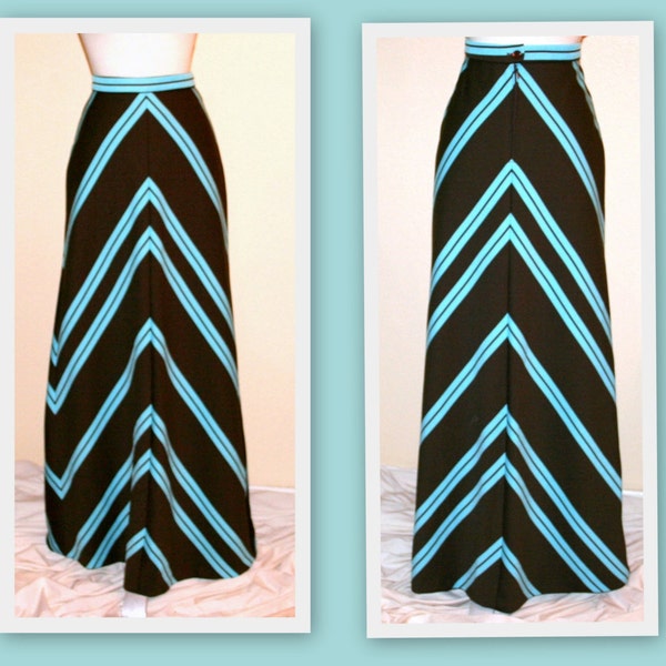 Vintage 70's Brown and Turquoise Diagonal Chevron Stripe Maxi Skirt by Style Inez Sz 40