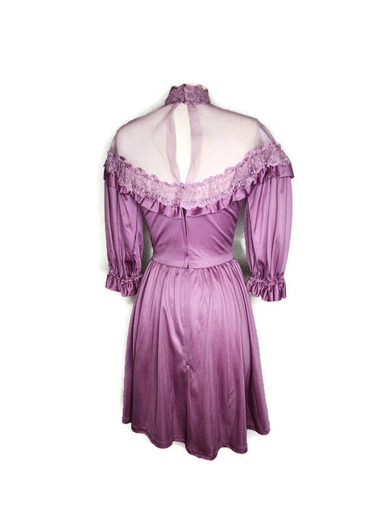 1970s Mauve Mesh Yoke Vintage Dress - image 3