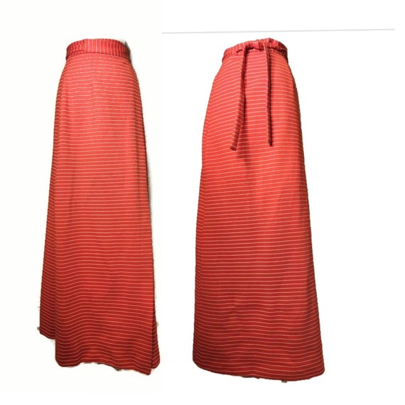 1970s Dark Orange Striped Vintage Wrap Maxi Skirt - image 1