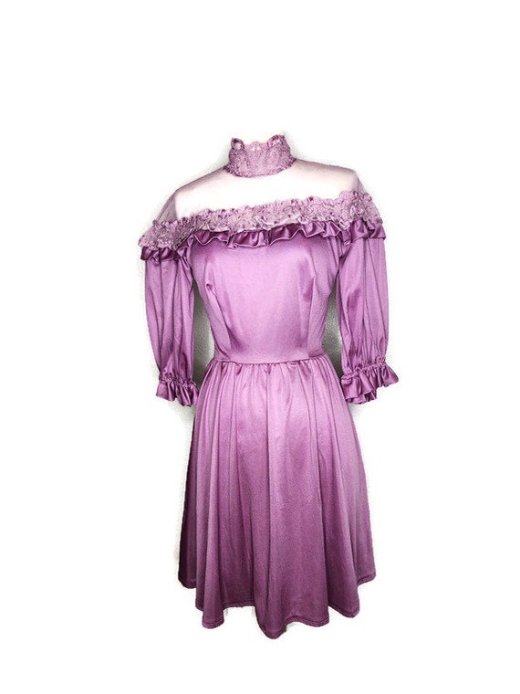 1970s Mauve Mesh Yoke Vintage Dress - image 2