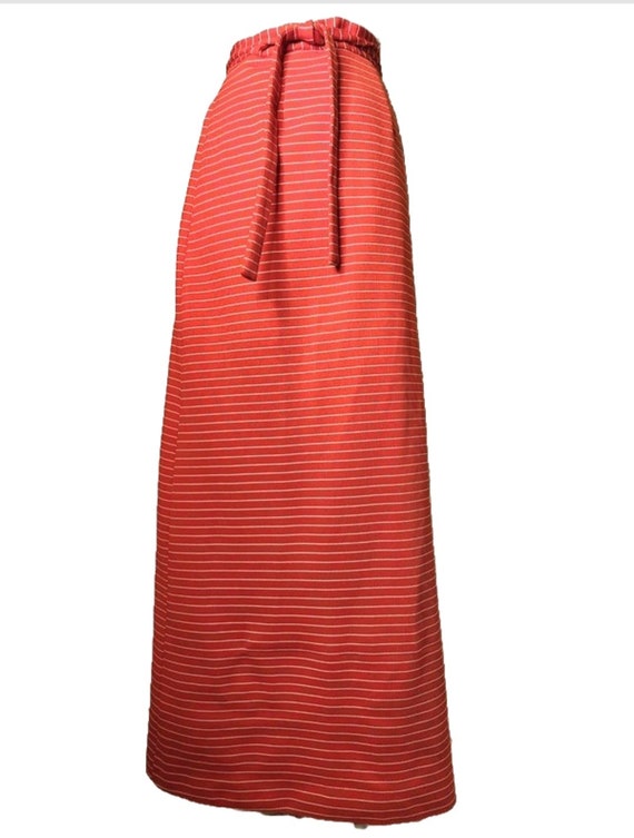 1970s Dark Orange Striped Vintage Wrap Maxi Skirt - image 5