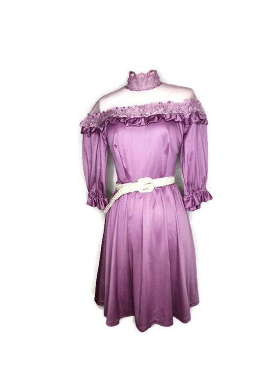 1970s Mauve Mesh Yoke Vintage Dress - image 1