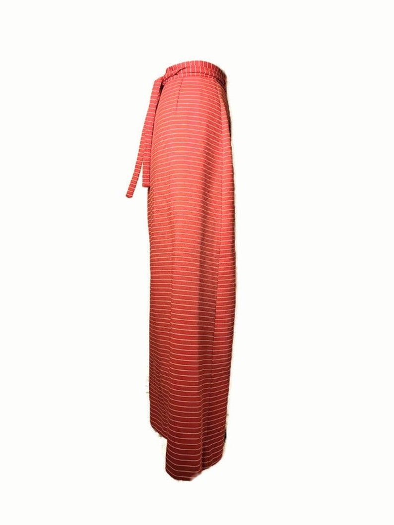 1970s Dark Orange Striped Vintage Wrap Maxi Skirt image 3