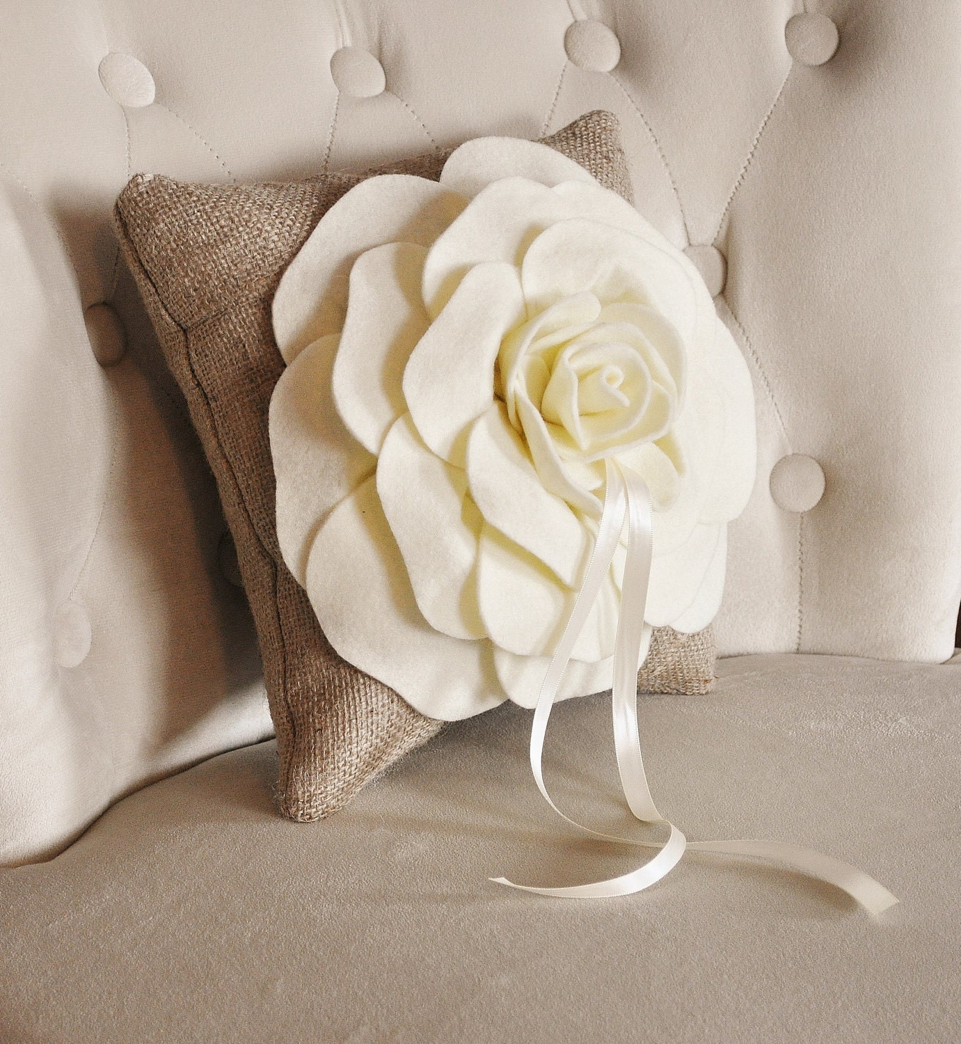 Burlap Ring Pillow Rustic Wedding Ivory Rose on Burlap Etsy