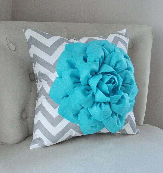 PILLOWS Turquoise Flower on Gray and White Chevron Pillow