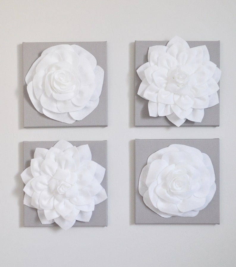 Wall Decor Set Of Four Gray And White Flower Hanging 12 X12 Canvases Art