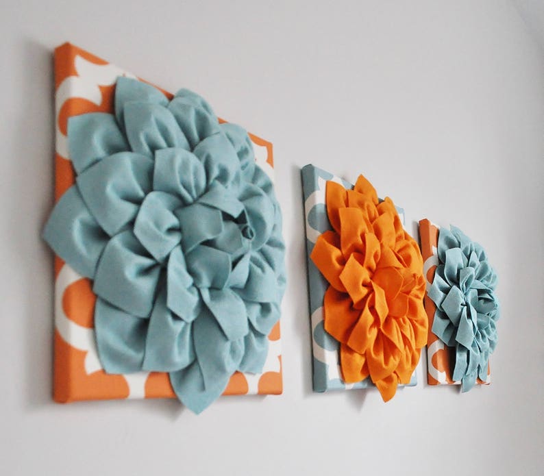 Teal Blue And Orange Wall Art Canvas Or Prints Bathroom Artwork Bedroom Pictures Flower Dahlias Set Of 3 Home Decor